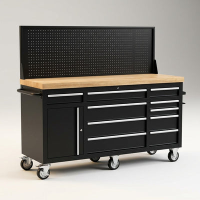 Mobile Tool Workbench Built for Heavy-Duty Projects, 62 Inch Width, 10 Drawers, Pegboard Back Wall