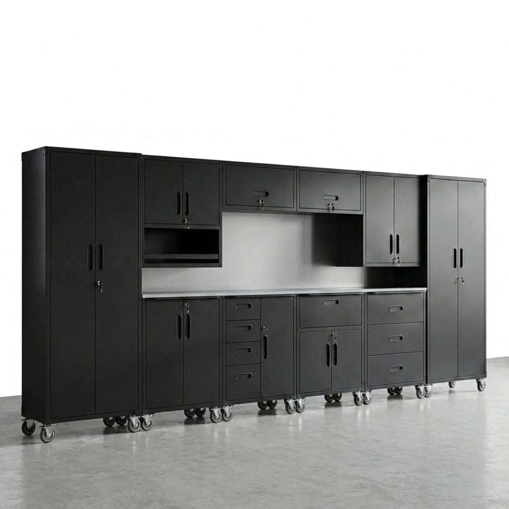 10-Piece Heavy Duty Steel Garage Cabinet System | All-In-One Modular Garage Cabinet Set for Ultimate Workshop Organization | Easy Assembly Garage Storage Cabinets & Tool Bench (Black) — Studio Shot