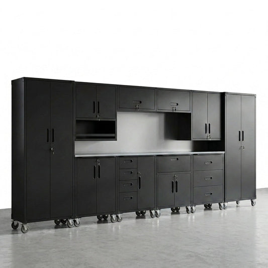 10-Piece Heavy Duty Steel Garage Cabinet System | All-In-One Modular Garage Cabinet Set for Ultimate Workshop Organization | Easy Assembly Garage Storage Cabinets & Tool Bench (Black) — Studio Shot