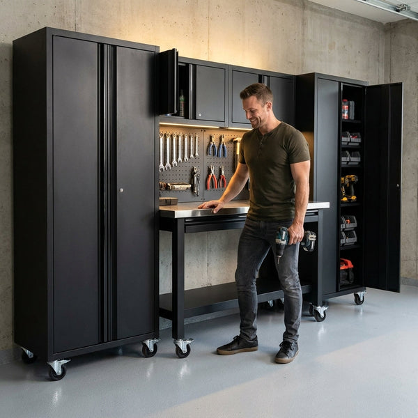 Garage Cabinet System Built for Complete Workshop Organization, Heavy Duty Steel Construction, Modular Design