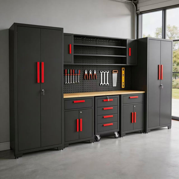 Garage Storage Cabinets System, 8-Pcs Workshop Cabinet Set in Black, Included Steel Cabinets Drawers Rolling Chest and Pegboard,Locked Garage Storage Cabinet