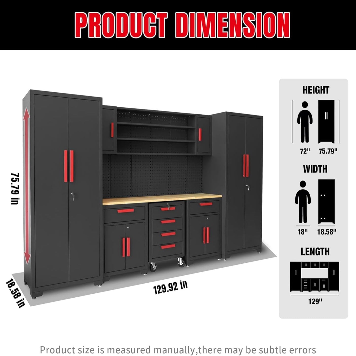 Garage Storage Cabinets System, 8-Pcs Workshop Cabinet Set in Black, Included Steel Cabinets Drawers Rolling Chest and Pegboard,Locked Garage Storage Cabinet
