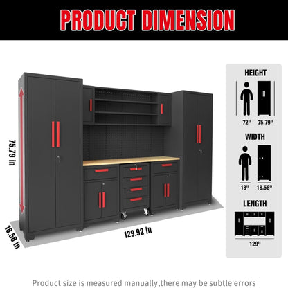 Garage Storage Cabinets System, 8-Pcs Workshop Cabinet Set in Black, Included Steel Cabinets Drawers Rolling Chest and Pegboard,Locked Garage Storage Cabinet