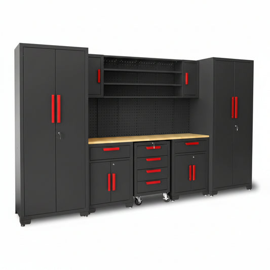 Garage Storage Cabinets System, 8-Pcs Workshop Cabinet Set in Black, Included Steel Cabinets Drawers Rolling Chest and Pegboard,Locked Garage Storage Cabinet