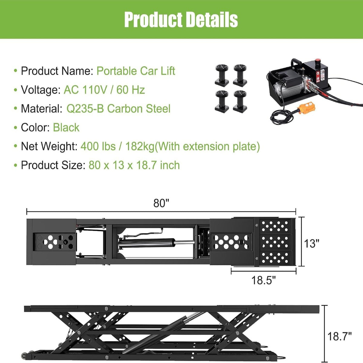 7000 LBS Portable Car Lift with Extension Plates, Black