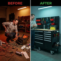 Heavy-Duty 62 In. W X 22 In. D 10-Drawer Black Tool Chest Mobile Workbench Cabinet with Pegboard Back Wall — Before & After