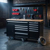 Heavy-Duty 62 In. W X 22 In. D 10-Drawer Black Tool Chest Mobile Workbench Cabinet with Pegboard Back Wall — Studio Shot