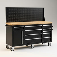 Heavy-Duty 62 In. W X 22 In. D 10-Drawer Black Tool Chest Mobile Workbench Cabinet with Pegboard Back Wall — Studio Shot