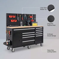 Heavy-Duty 62 In. W X 22 In. D 10-Drawer Black Tool Chest Mobile Workbench Cabinet with Pegboard Back Wall — infographic