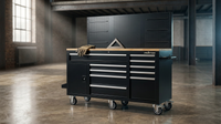 Heavy-Duty 62 In. W X 22 In. D 10-Drawer Black Tool Chest Mobile Workbench Cabinet with Pegboard Back Wall — Lifestyle