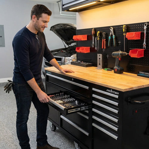 Mobile Tool Workbench Built for Heavy-Duty Projects, 62 Inch Width, 10 Drawers, Pegboard Back Wall