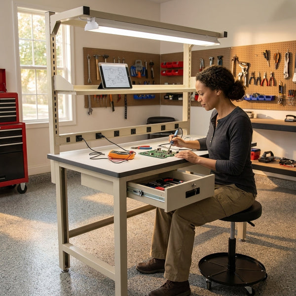 Heavy Duty Workbench Built for Professional Projects, 60x30 Laminate Top, Steel Frame, Height Adjustable