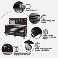 Heavy-Duty 62 In. W X 22 In. D 10-Drawer Black Tool Chest Mobile Workbench Cabinet with Pegboard Back Wall