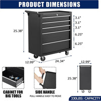 Rolling Tool Chest Built for Garage Organization, 5 Drawers, Locking Wheels, Portable Metal Cabinet