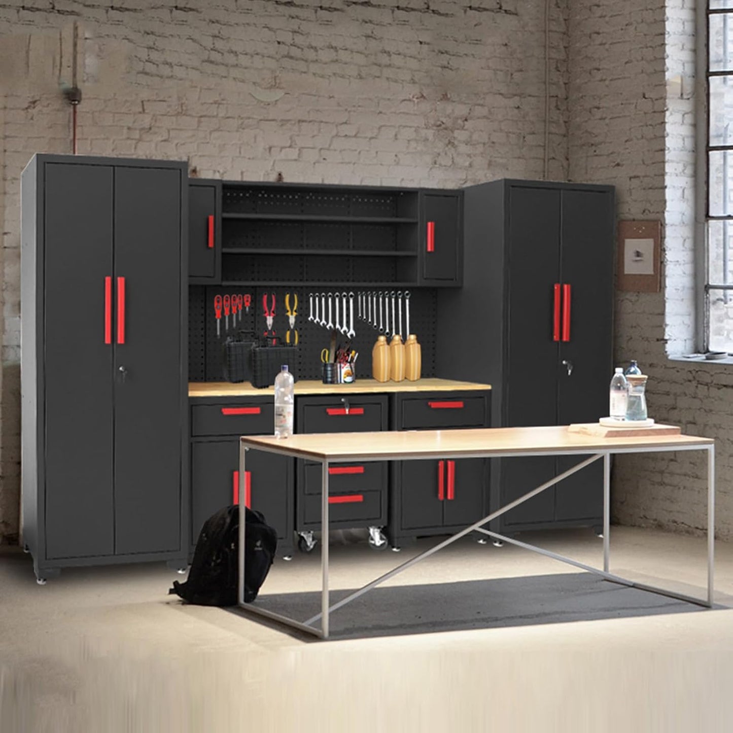 Garage Storage Cabinets System, 8-Pcs Workshop Cabinet Set in Black, Included Steel Cabinets Drawers Rolling Chest and Pegboard,Locked Garage Storage Cabinet