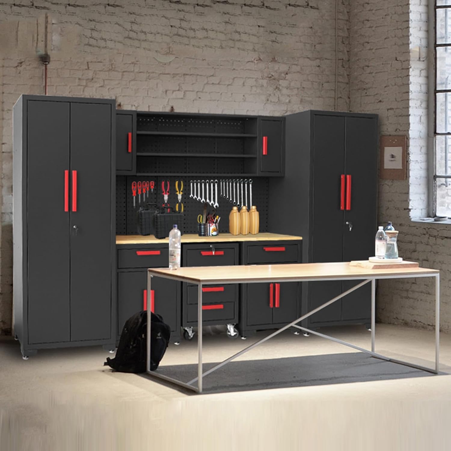 Garage Storage Cabinets System, 8-Pcs Workshop Cabinet Set in Black, Included Steel Cabinets Drawers Rolling Chest and Pegboard,Locked Garage Storage Cabinet