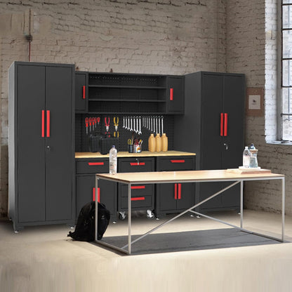 Garage Storage Cabinets System, 8-Pcs Workshop Cabinet Set in Black, Included Steel Cabinets Drawers Rolling Chest and Pegboard,Locked Garage Storage Cabinet