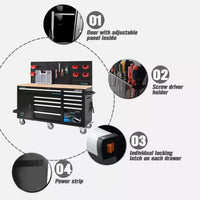 Heavy-Duty 62 In. W X 22 In. D 10-Drawer Black Tool Chest Mobile Workbench Cabinet with Pegboard Back Wall